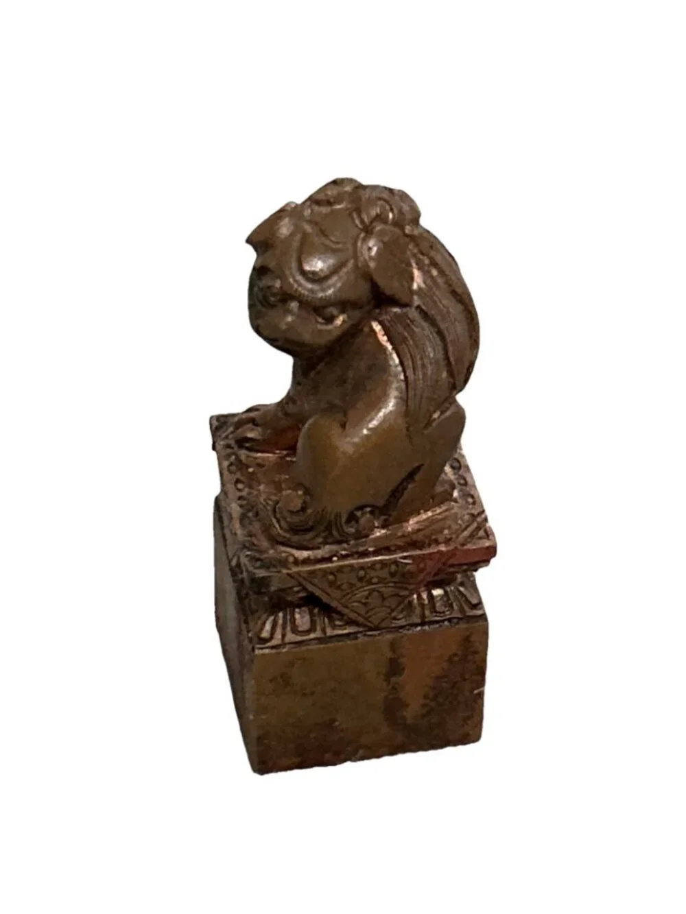 Chinese Seal Box with Bronze Foo Dog Handle with Seal & Red Paste, 19th Century